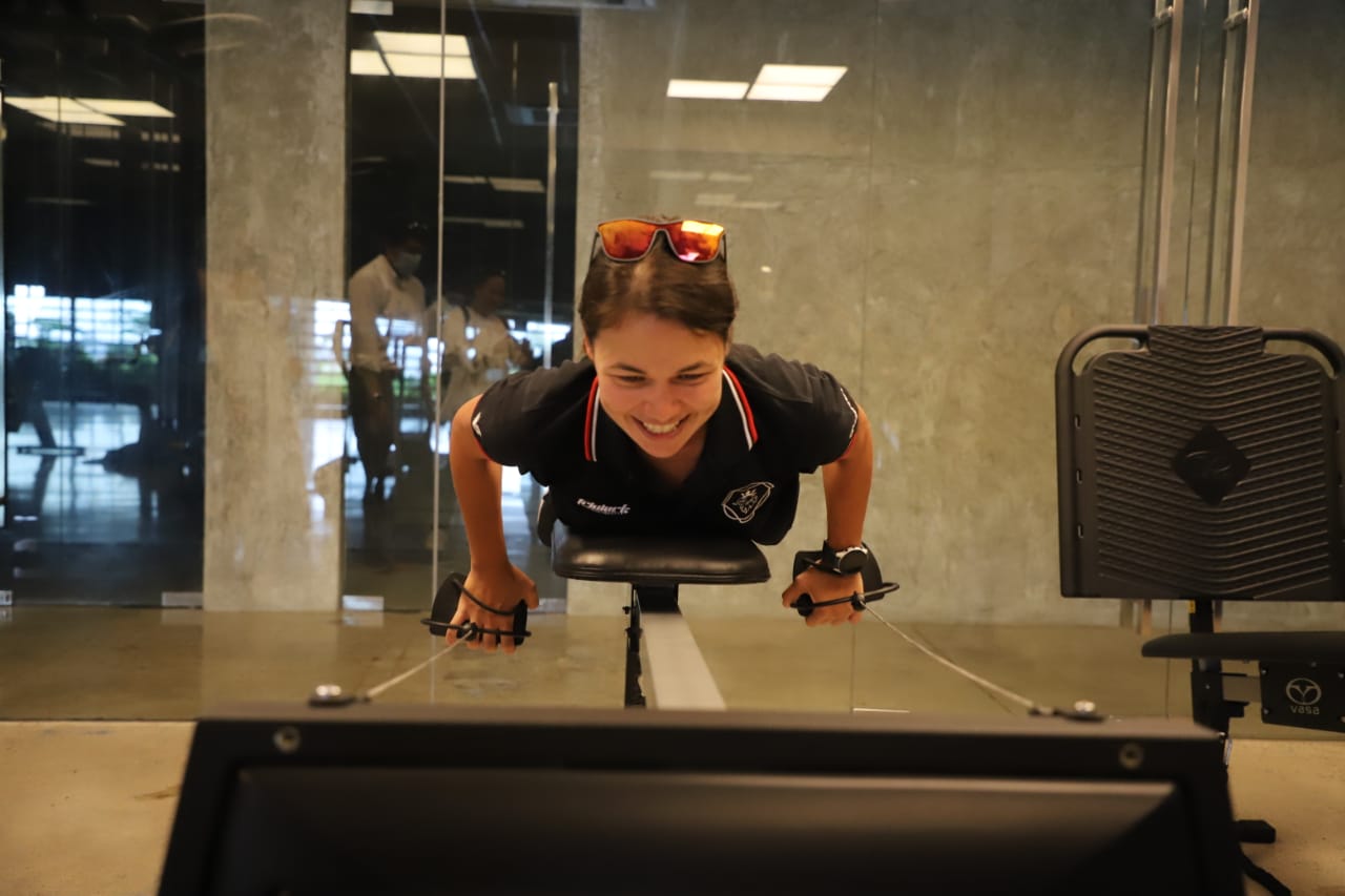 Triathlete Rhia Stawicki tries out the gym and training facilities of the New Clark City Aquatics Center. BCDA photo